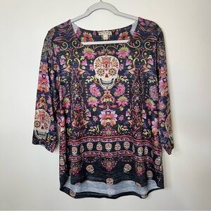 Energe World Wear Women's Skull Boho Top Black Knit 3/4 sleeves size XL